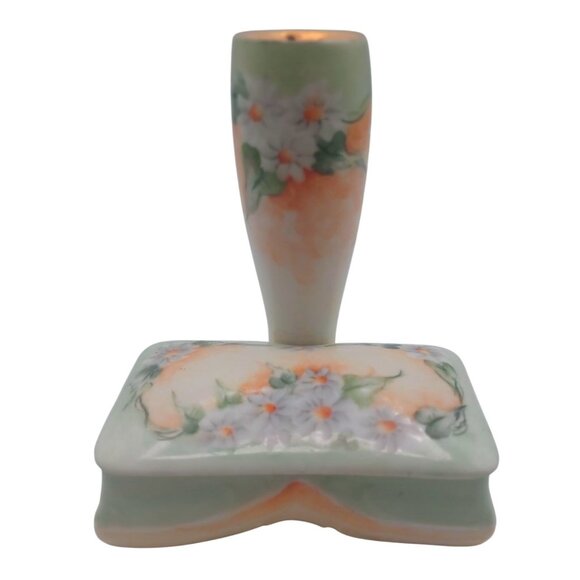 Rare Bavarian Porcelain Hat Pin Holder With Attached Trinket Dish Green & Yellow - Picture 5 of 14